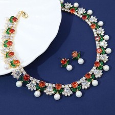 Luxury All CZ Cubic Zirconia Pearl Necklace Earrings Set For Adult Bridal