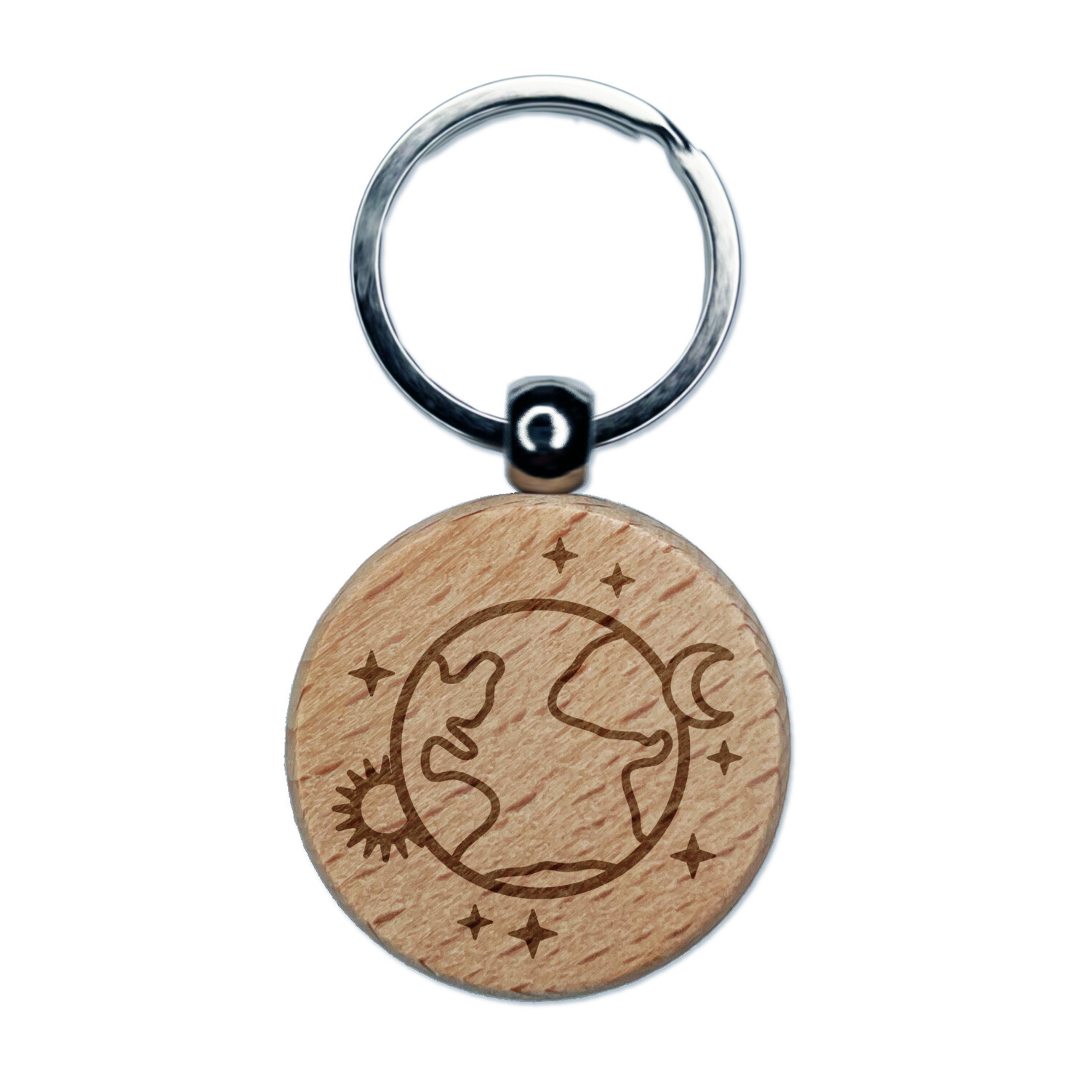 Earth Sun Moon Stars Engraved Wood Round Keychain Tag Charm