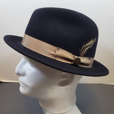 Goorin Bros Wool Fedora Hat Black Medium Beige Band with Feather Made in USA