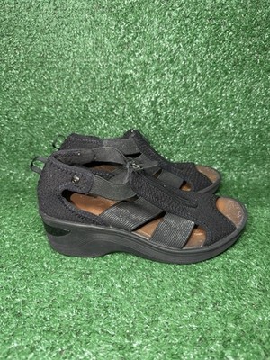 Bzees Duet Sandals Women Size 6.5 Black Zip Up Strappy Wedge Beach Slip On Slide