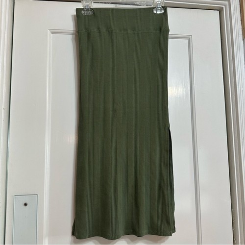 NWT!! Aerie Ribbed Olive Green Midi Skirt, Stretchy, High Double-Sided Slit, M