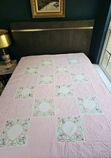 VTG Hand Quilted  Embroidered Floral Quilt 74" x 84" Pink White Cottagecore