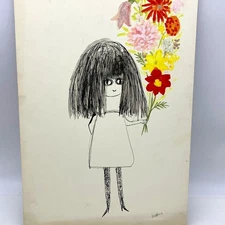 FLOWER CHILD Rosalind Welcher signed original art c1960s-70s Panda Prints Inc
