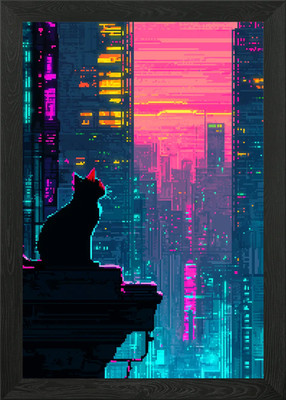 Pixel Cyber Katze Stadtbild gerahmtes Wandbild Poster Leinwanddruck Bild