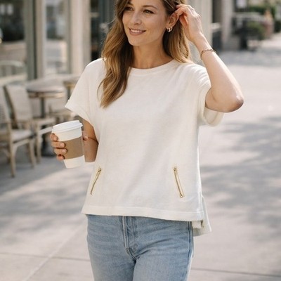 Tricotto Boxy Terry Top White Gold Zip Detail Blouse Womens M Minimalist Clean