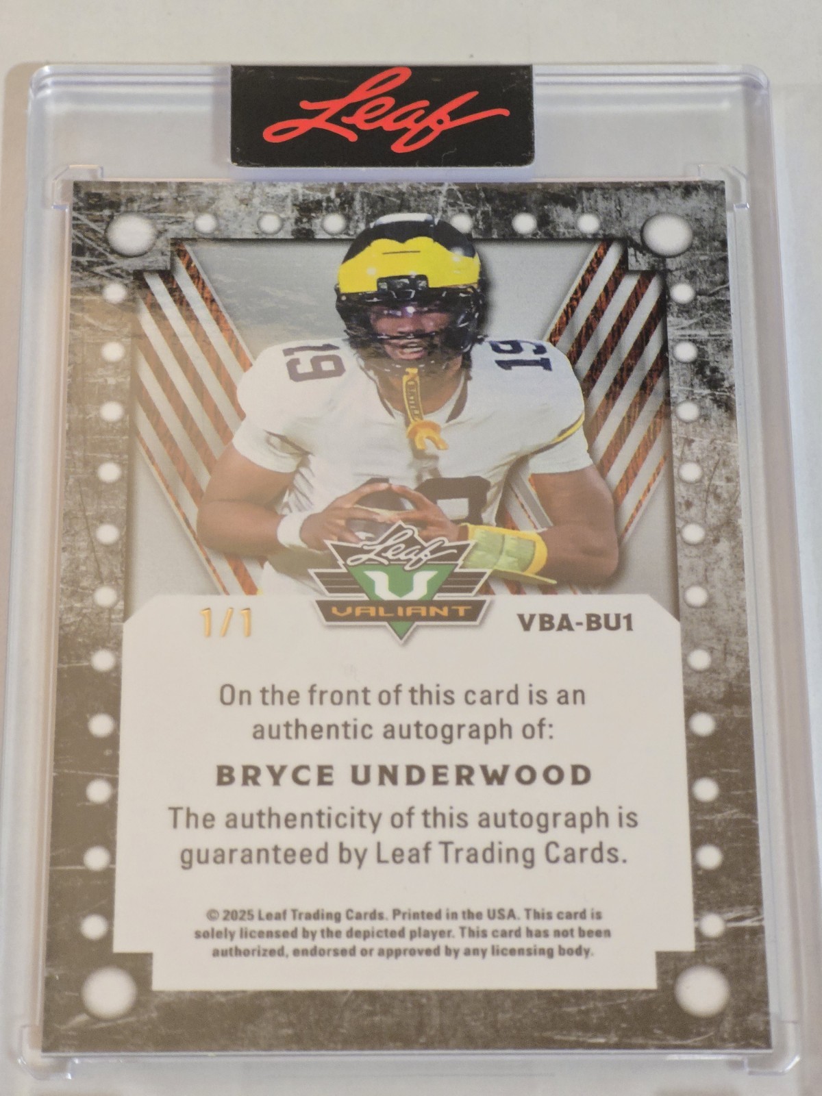 2025 Leaf Valiant Football Bryce Underwood Auto 1/1 #VBA-BU1 🔥 GOLD 1 OF 1 view 6