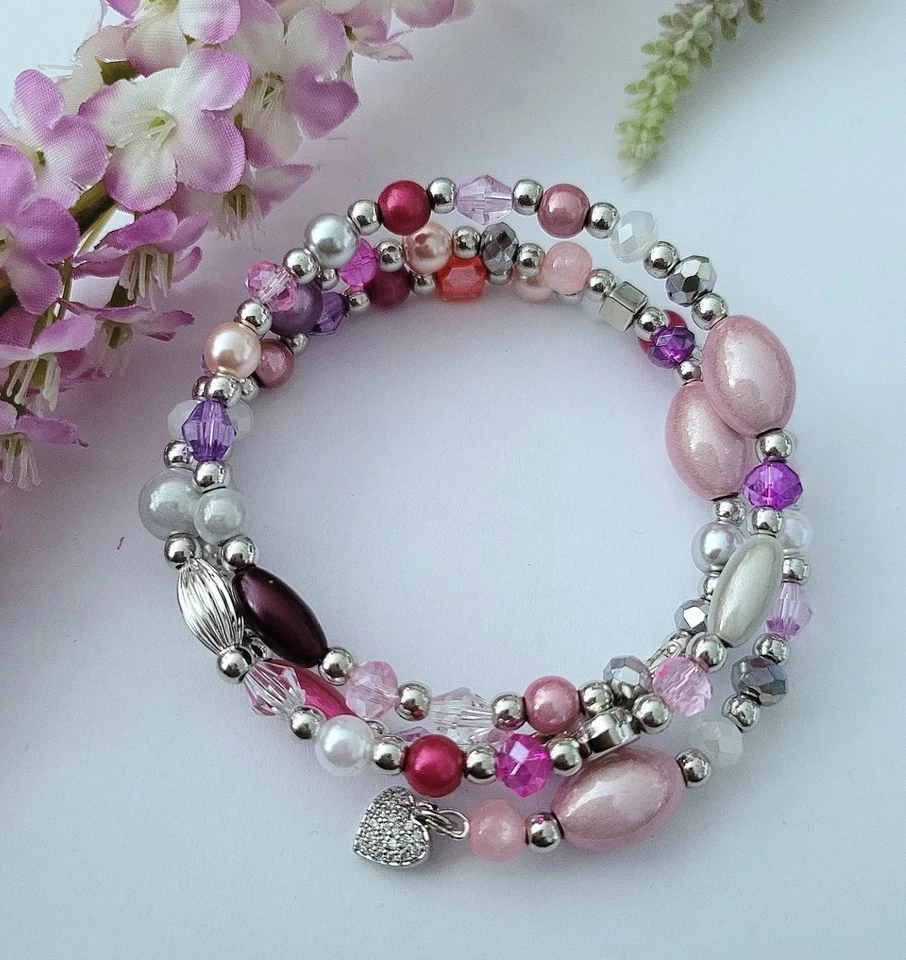 Sylvie's Edelstahl Spiral Armband mit Kristallen, Perlen, bunt, Neu, Unikat/0459