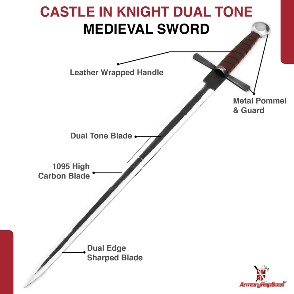 Замок в рыцарь средневековый меч 1095 из углеродистой стали двойной тон лезвие с ножнами - Изображение 3 из 4