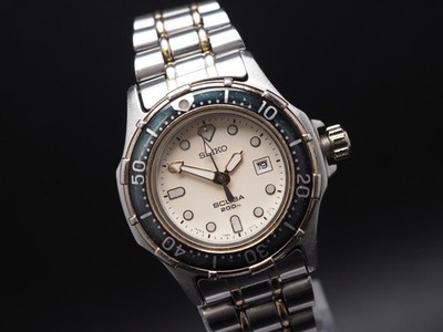 Vintage 1991 Seiko Scuba Diver's 200M 7N85-001A Ivory Dial Qz Womens Watch JAPAN