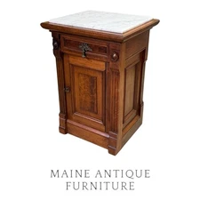 Victorian Burl Walnut Marble Top Nightstand / Half Commode, 1870s #22506