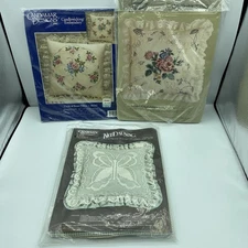 Vtg Lot of 3 Candlewicking Kits Pillow & Net Darning Butterfly Floral Rose