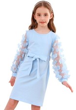 Girl's Puff Long Sleeve Dress With Belt Light Blue, 11-12 Years 