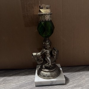 Antique Table Lighter Brass/Bronze Nude Boy On Fish Marble Stunning! 11.5 in