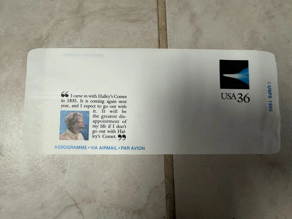 Mark Twain Haleys Comet USPS STAMP/ENVELOPE 1985 - Near Mint - Image 2 of 2