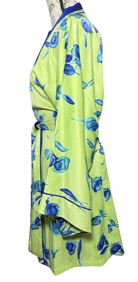 NATORI Bata Kimono PEQUEÑA Azul Verde Floral Satén Dormir Salón Foto 3 de 4