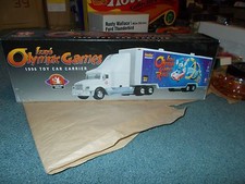 IZZY'S OLYMPIC GAMES 1996 TEXACO TOY CAR CARRIER + RACER Big 17" Long NIB