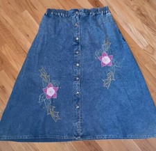 Vintage Unique Denim Skirt Floral Embroidered Button Down Elastic Waist