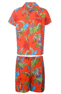 HERREN HAWAII HEMD KURZ HIRSCH STRAND HAWAII ALOHA URLAUB AUSGEFALLEN ORANGE PAPAGEI SET
