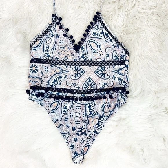 TULAROSA EMBER PAISLEY POM POM BLUE ONE PIECE BATHING SWIM SUIT WOMENS LARGE - Image 2 of 4