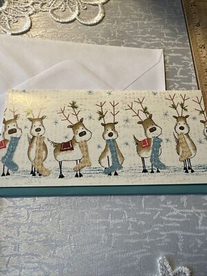 Vtg Unused Christmas Card Deer Reindeer Glitter Money card W/Env