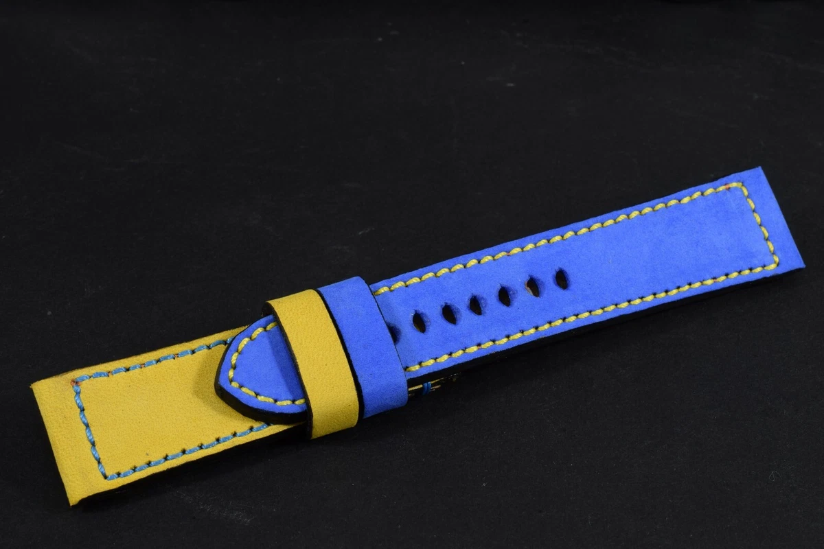 MA WATCH STRAP NUBUCK LEATHER FOREST BLUE YELLOW FOR PANERAI ETC