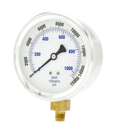 Liquid Filled Lower Mount Pressure Gauge with 4'' Dial, 0-15000 PSI, 1/4''MaleNPT