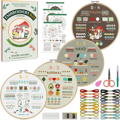 4 Stage Beginners Embroidery Kit for Adults, Easy to Learn 38 Different Stitches