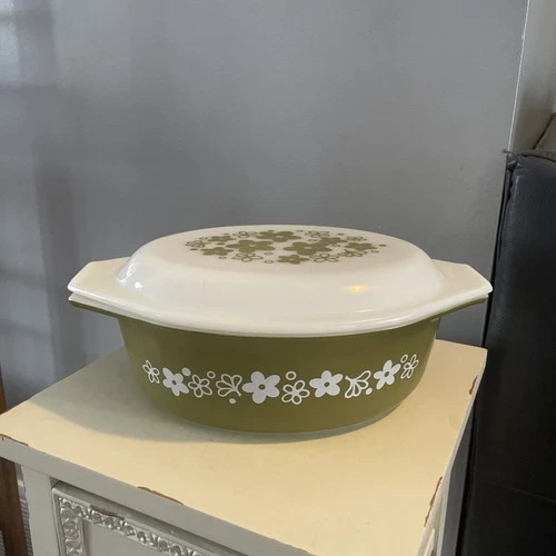 Vtg Green PYREX 043 Crazy Daisy 1-1/2 Qt. casserole w/ lid 943-C32- Read Notes