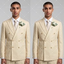 Cream Linen Men's Suit Double-Breasted 2-Piece for Wedding Summer Formal Event