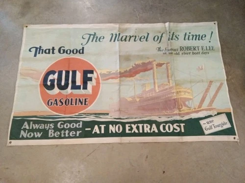 Large Vintage Gulf Gasoline  Canvas  Banner  5x3 Robert E Lee Riverboat MCA Sign
