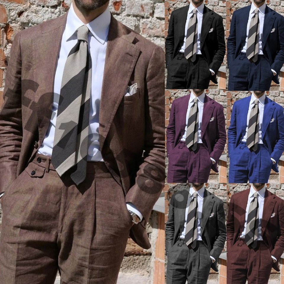 Brown Linen Men's Suit Summer Leisure Daily Wear Wedding Groom Prom Tuxedos 2pcs