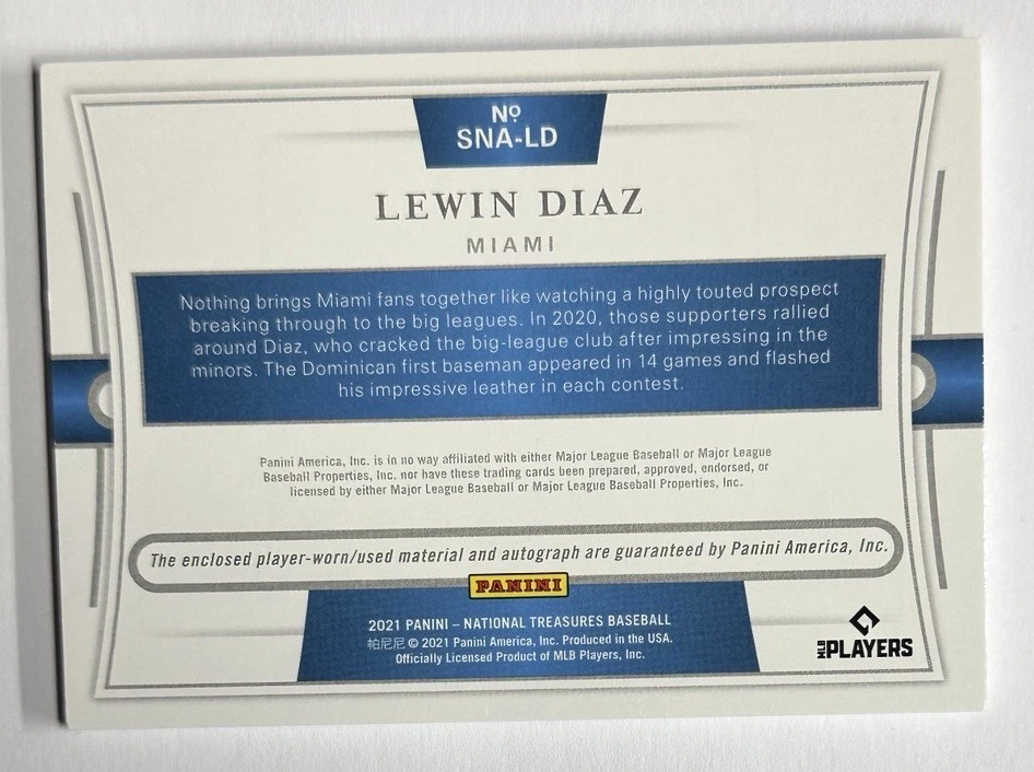 2021 Panini National Treasures Lewin Diaz Auto Relic 47/99 - Image 2 of 4