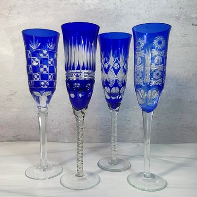 Vintage Bohemian Czech Cobalt Cut to Clear Crystal Champagne Flutes set of 4