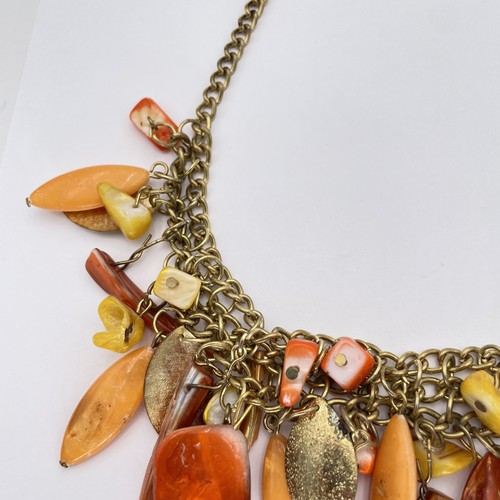 Vintage Pono Bib Necklace Shell Beads Gold Tone Signed Italy Statement Jewelry - Picture 4 of 9