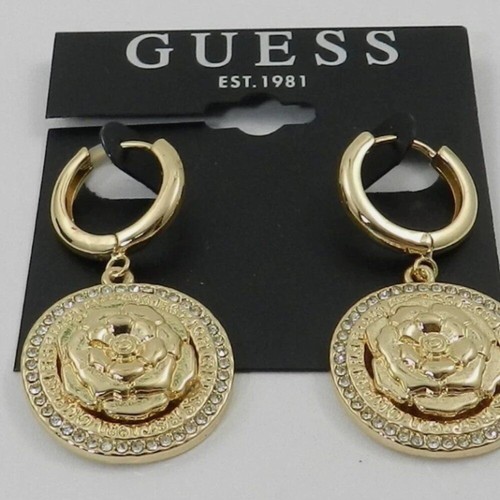 GUESS Gold-Tone Pavé-Edged Flower Charm Hoop Earrings NWT - Picture 2 of 3