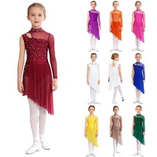 US Girls Modern Lyrical Gymnastics Skirted Leotard Sparkly Figure Skating Dress