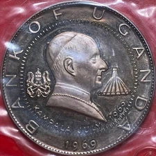 1970 UGANDA 30 SHILLINGS 1.9 OZ SILVER PROOF PAUL VI SEALED WALLET+COA HUGE 60mm