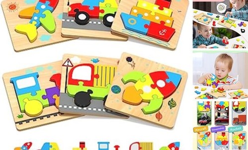 Wooden Toddler Puzzles Gifts Toys for 1 2 3 Years Old Boys Girls, 6 Vehicle