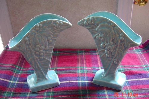 Vintage McCOY Pottery Set (pair) of Aqua Colored Rustic line Vases 40's-50's