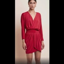 Krisa Dress Long Sleeve Red Faux Wrap Classic Solid Neutral Mini V-Neck Holiday