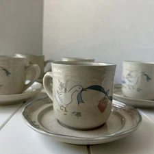 International Stoneware Marmalade Goose Geese Coffee Cup & Saucer Set of 5