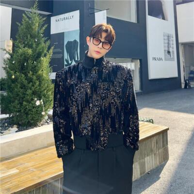 Mens Stand Collar Sequin Jacquard Jacket Short Tops Full Zip Retro Club Party 