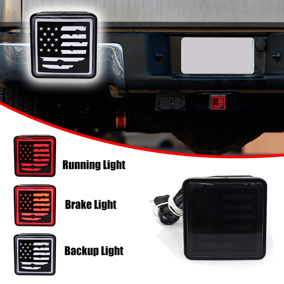 Bandera de Estados Unidos - Luz de freno LED ahumada DRL remolque enganche cubierta apta para remolque y transporte de 2" Foto 2 de 4