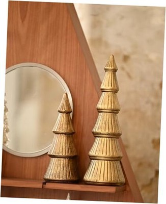  Wooden Christmas Tree Figurine, Tabletop Gold Tree Set of 2 Antique Gold