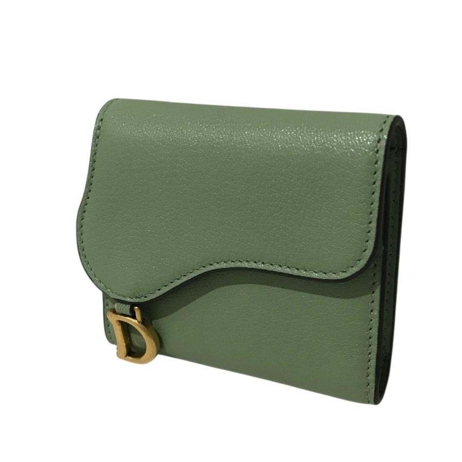 Dior Saddle Tri-Fold Green Leather Compact Wallet Authentic