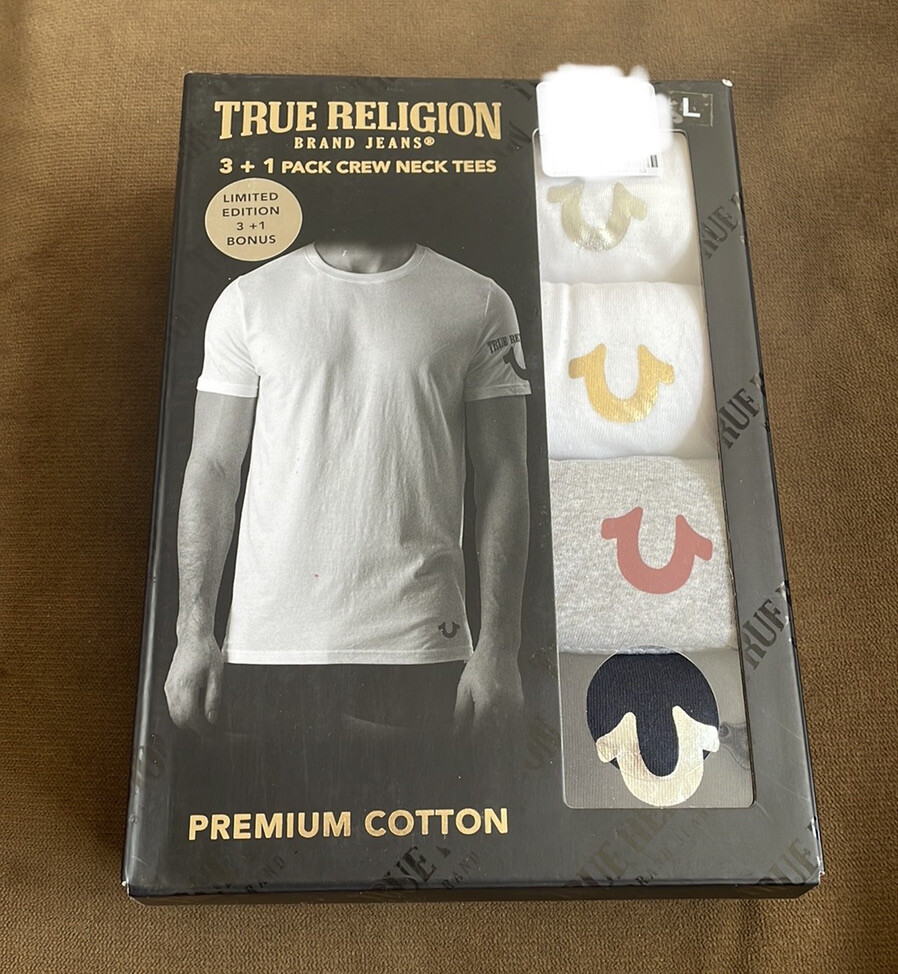 True Religion Mens 4 Pack V Neck Tees Sz L with Horseshoe Logo