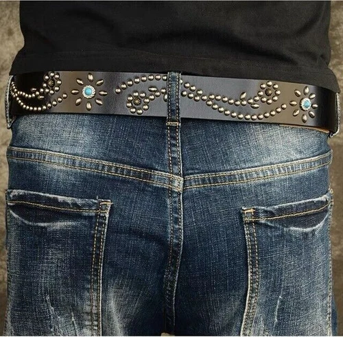 Real Leather Waist Belt Heavy Metal Stone Rivet Studded Unisex Punk Waistband - Picture 11 of 28