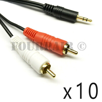 10 Pack Lot - 10ft (1/8'') 3.5mm AUX Stereo to 2 RCA Male Audio Y Cable MP3 iPod