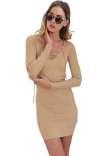 Apricot Lace Up V Neck Long Sleeve Rib Knit Dress