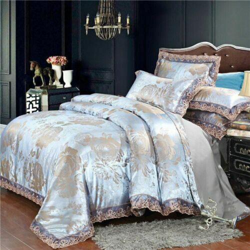 Silver Bedding Set Jacquard Lace Duvet Cover Set Bed Linen Bed Cover Flat Sheet - Picture 1 of 40